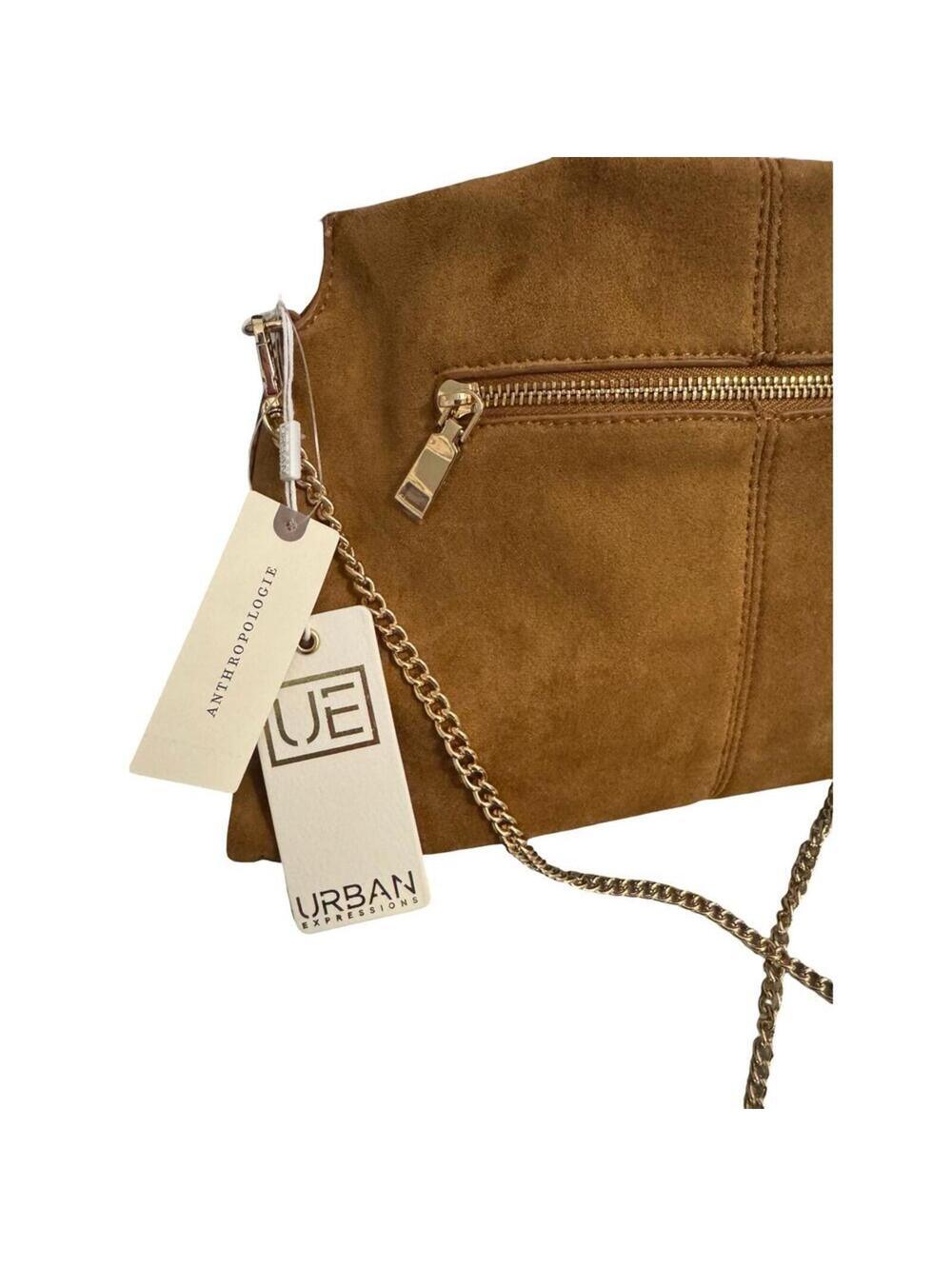 MODALUXE FAUX SUEDE CLUTCH Tan Brown Purse Anthropologie Crossbody gold chain - Picture 5 of 8